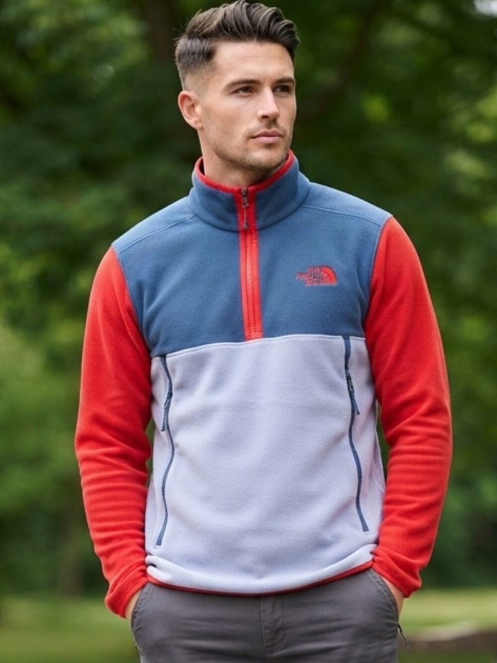 The North Face Men’s Blue Red Quarter Zip Fleece Pullover